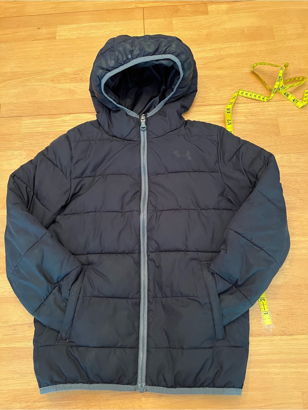 Youth Under Armour Black Hooded Puffer Jacket with Gray Trim